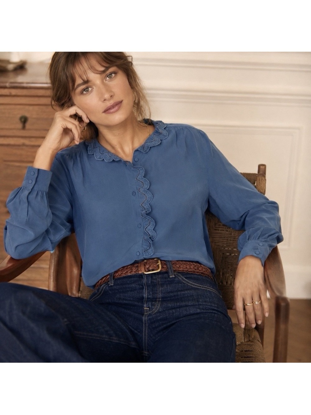 Sézane Chlo Top 100% Silk Ruffle Dainty Feminine Blouse- Size 34
